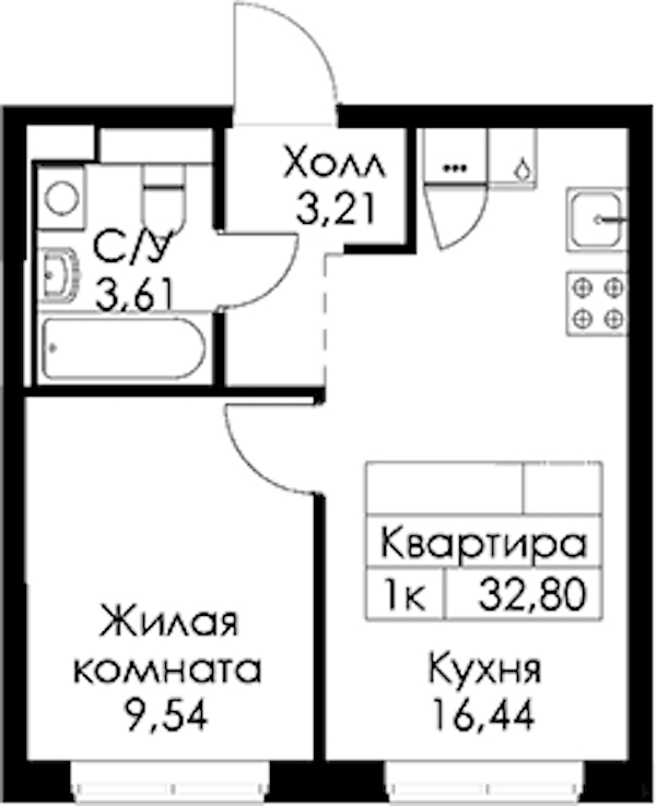 1-комнатная квартира 32.8 м², 1/15 эт., ЖК «Заречный парк»